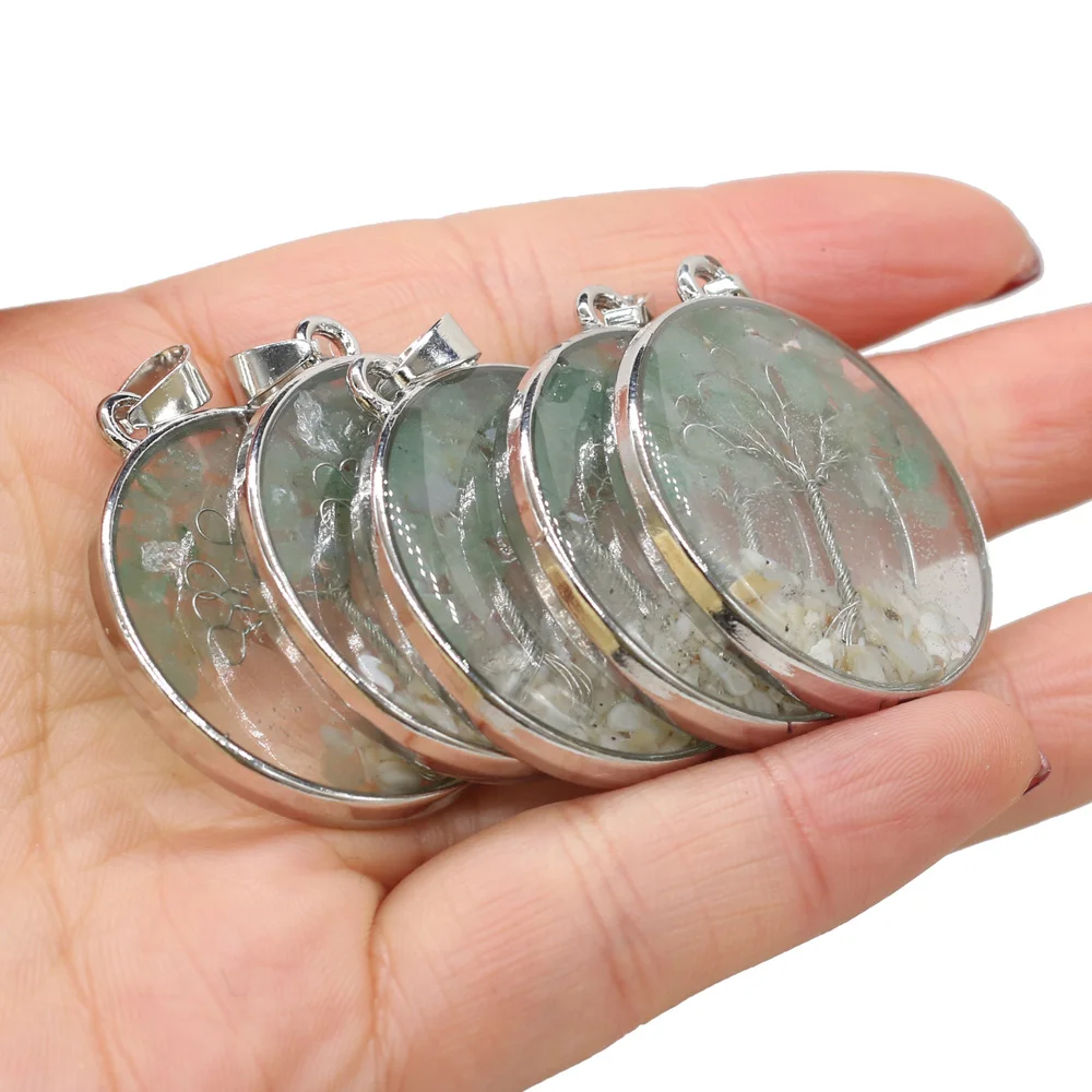 

Natural Stone Round Transparent Green Aventurine Gravel Tree Ladies Pendant Making DIY Necklace Bracelet Jewelry Gift 33x33Mm