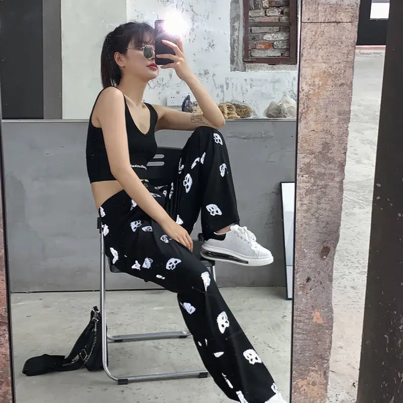 

Butterfly print reflective ice silk High Waist Wide Leg Pants for women