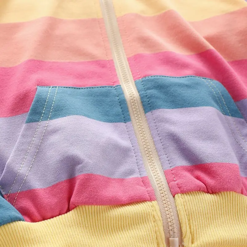 

2021 Autumn Girl's Jacket Rainbow Print Cotton Coat for Kids Hooded Long Sleeve Striped Pocket Casual Coat