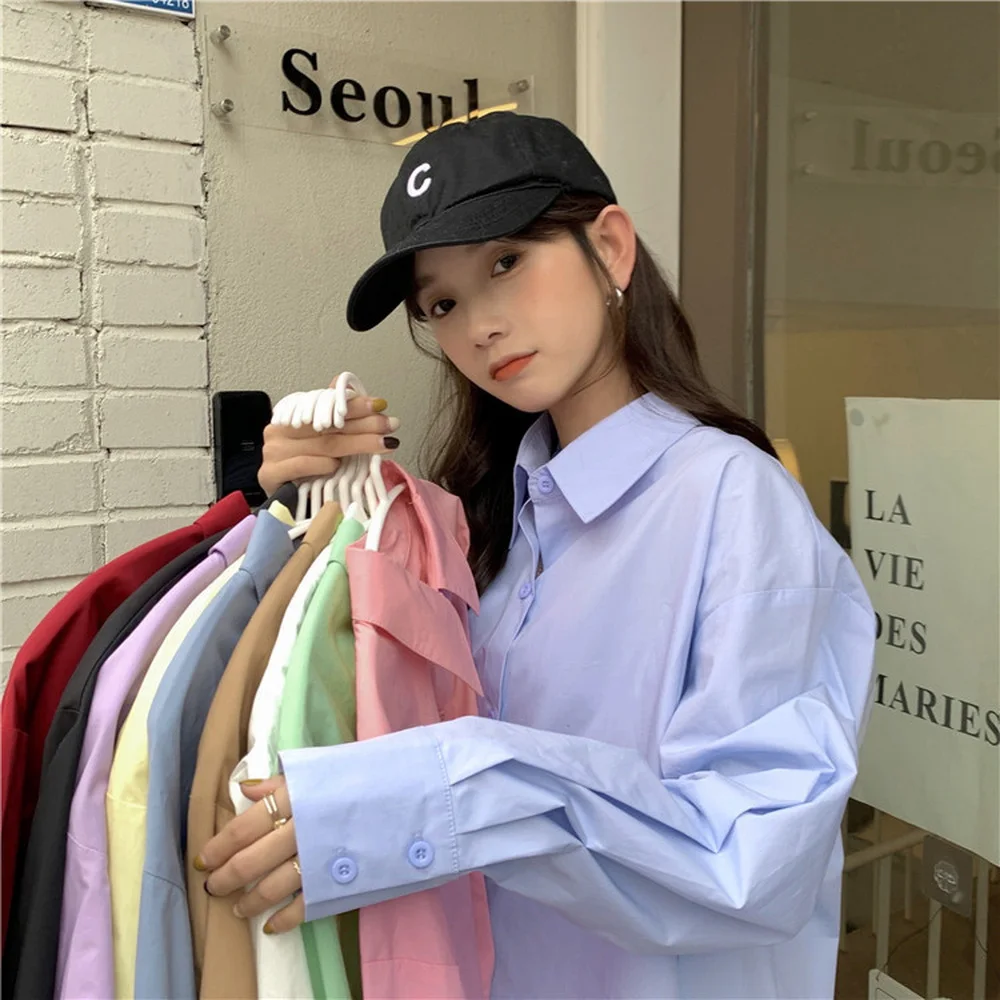 

100% Cotton Korean Fashion Retro Candy Color Cute Long Sleeve Loose Shirt Hong Kong Flavor Button Za Women's Top Blouses sheines