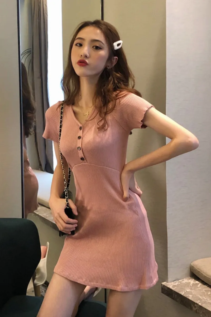 

Retro slim slim high waist temperament knitted dress women 2021 all-match short-sleeved skirt