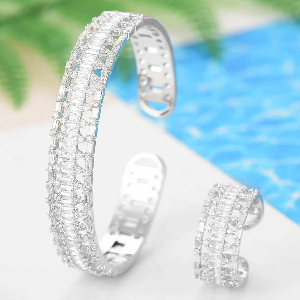 

LARRAURI 2PCS Romantic Elegant Bridal Dubai African Wedding Jewelry Sets Multicolor Crystal Cubic Zircon Bangle/Ring For Women