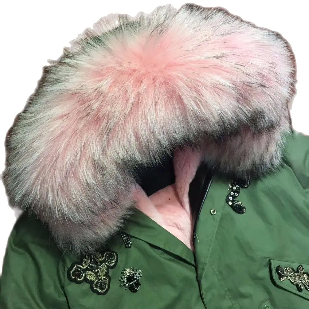 Модная розовая меховая парка с бусинами зимняя короткая куртка мехом верхняя