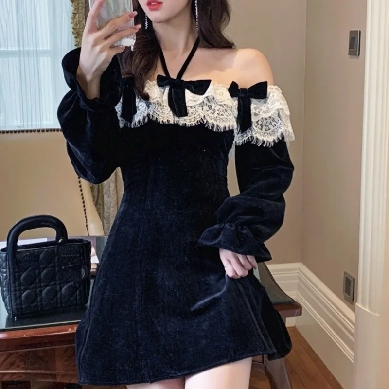 Осень 2021 бархатное мини-платье Y2k соблазнительное кружеввечерние вечернее