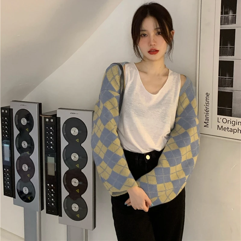 Свитер в клетку пальто для женщин Осень-зима ретро свободный крой короткий