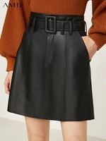 amii minimalism autumn black skirts for women office lady leather skirt high waist sashes aline pocket skirt bottom 12130342