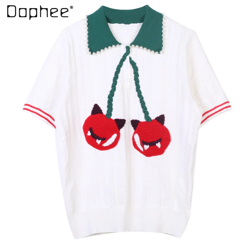 

Женский пуловер с коротким рукавом, свободный тонкий трикотажный топ контрастных цветов с цветочной вышивкой из бисера, весна-лето 2021