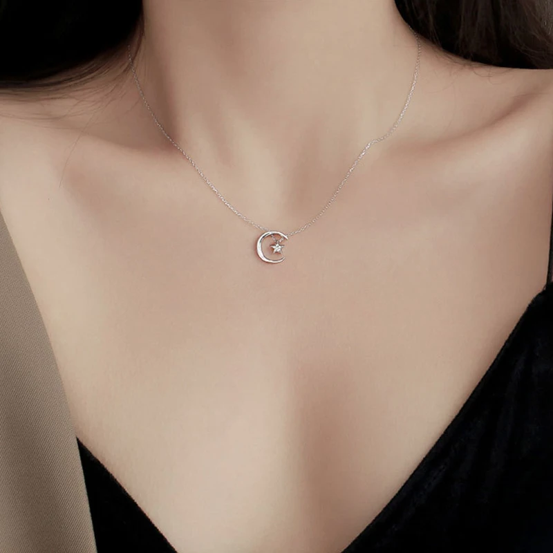 

925 Sterling Silver Moon Star Chokers Necklace for Women Sparkling Bling Crystal Dainty Pendant Necklace Jewelry Accessories
