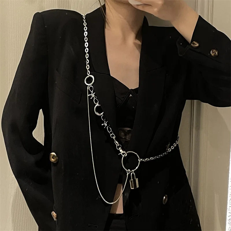 

Hip Hop Punk Metal Lock Pendant Thorns Belly Chains Rock Minimalist Geometric Circle Chain Tassel Cool Body Jewelry for Women