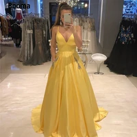 lorie elegant long evening party dress with pockets yellow v neck satin formal prom gowns floor length special occasion dresses