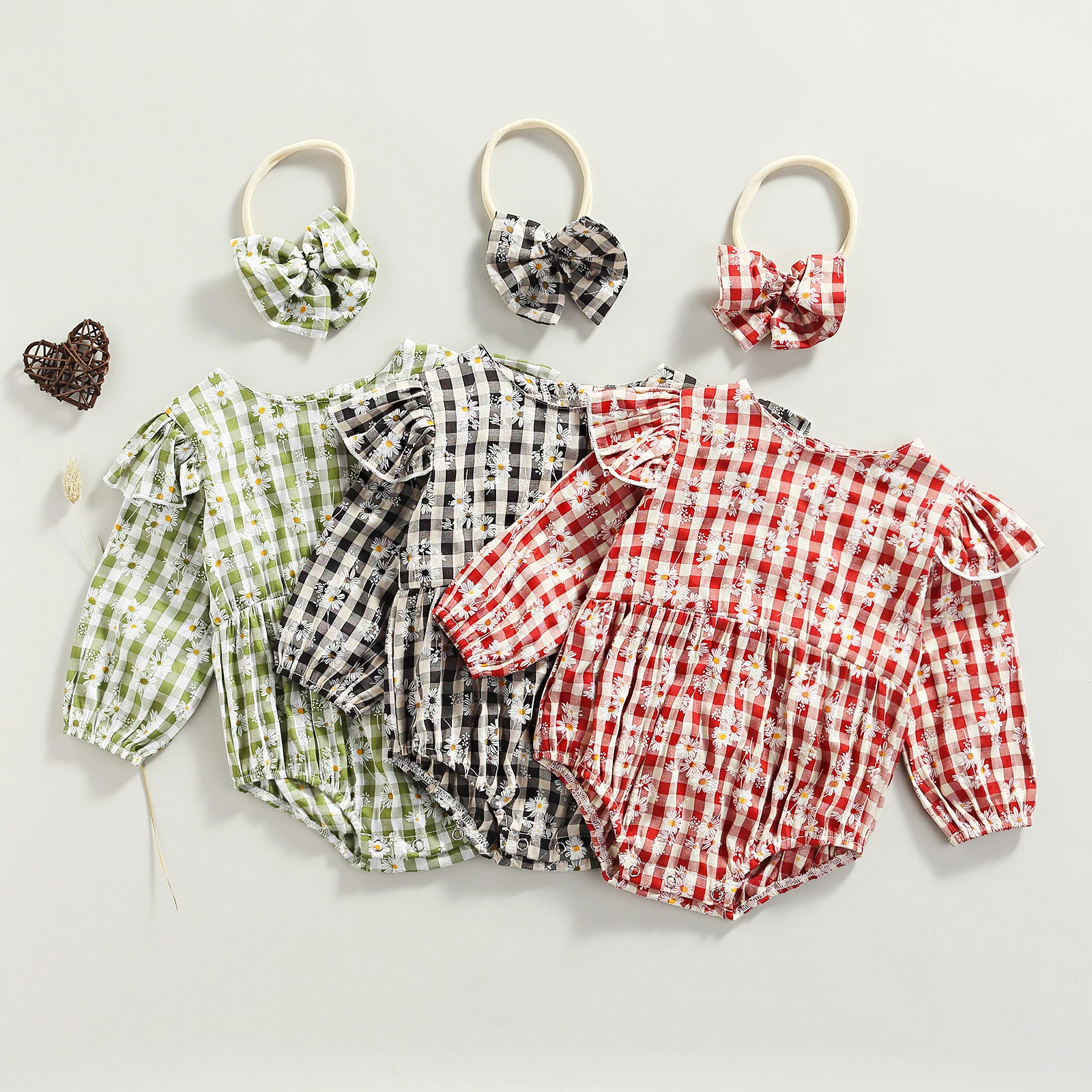 

Lioraitiin 0-24M Newborn Toddler Baby Boy Girl Autumn Bodysuit Long Sleeve Romper Bow Headband Daisy Plaid Print Ruffle Clothing