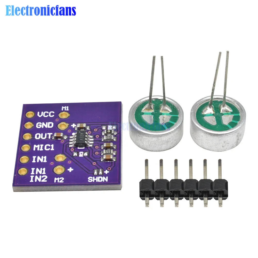 

CJMCU-9813 MAX9813H Microphone Amplifier Module Double Input Fixed Gain Integrated Bias Mic Breakout Board with Pins