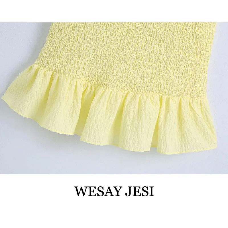 

WESAY JESI Summer Dresses For Women Casual Yellow Short Sleeve Dress Elegant Chic Ruffled Elastic Folds Textured Ladies Clothes