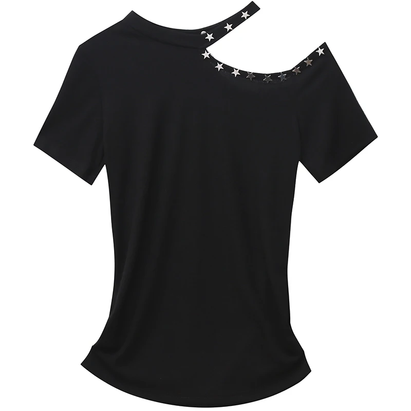 

Summer 2020 Cotton T shirt Women Off-shoulder Hollow Out Rivet Stars Slim Stretchy Casual Short Sleeve Tops Tee T02615B