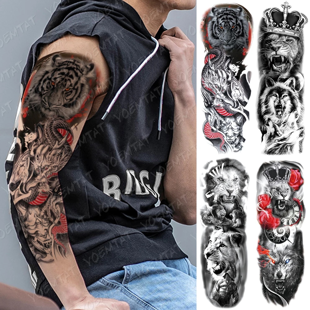 

Large Arm Sleeve Tattoo Bloody Tiger Dragon Waterproof Temporary Tatto Sticker Wolf Lion Body Art Full Fake Tatoo Women Male