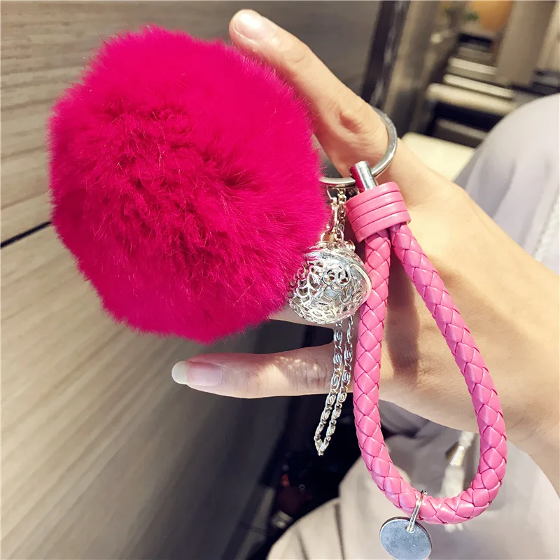 Fluffy Real Rabbit Fur Keychain Pompom Ball Leather Key Ring Holders Charm Women Bag Car Pendant Jewelry Trinket Accessories images - 6