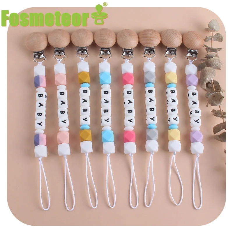 

Fosmeteor Personalized Name Food Grade Two-Color Silicone Hexagon Pacifier Clips Chain for Baby Teething Customized Name Gift