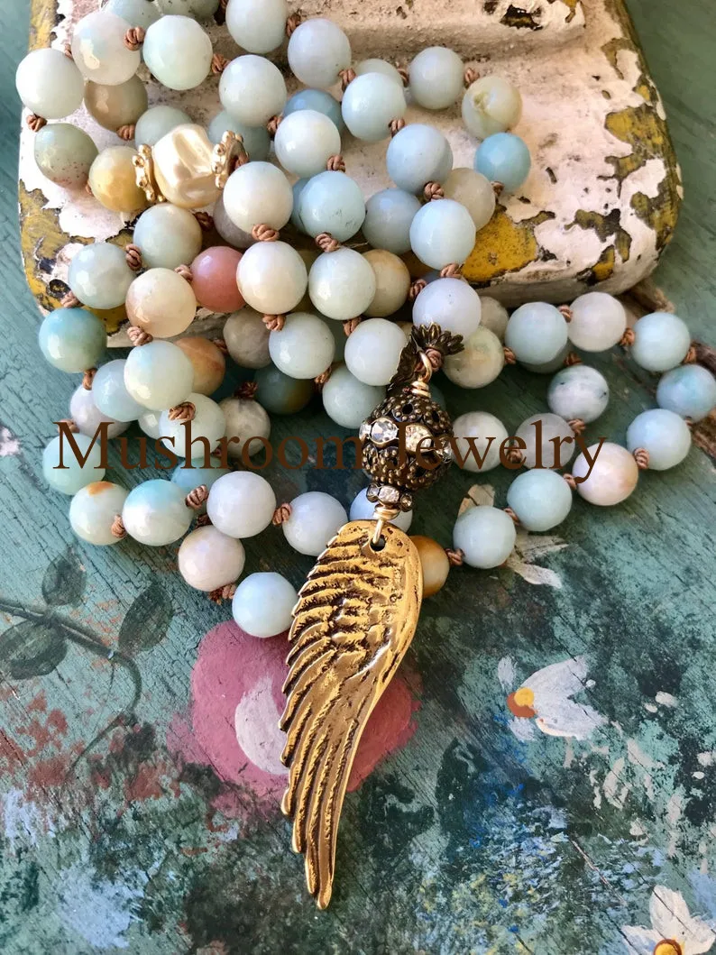 Long Wing Charm For Women Necklace  Natural Amazonite Bead Stone Necklace Wings