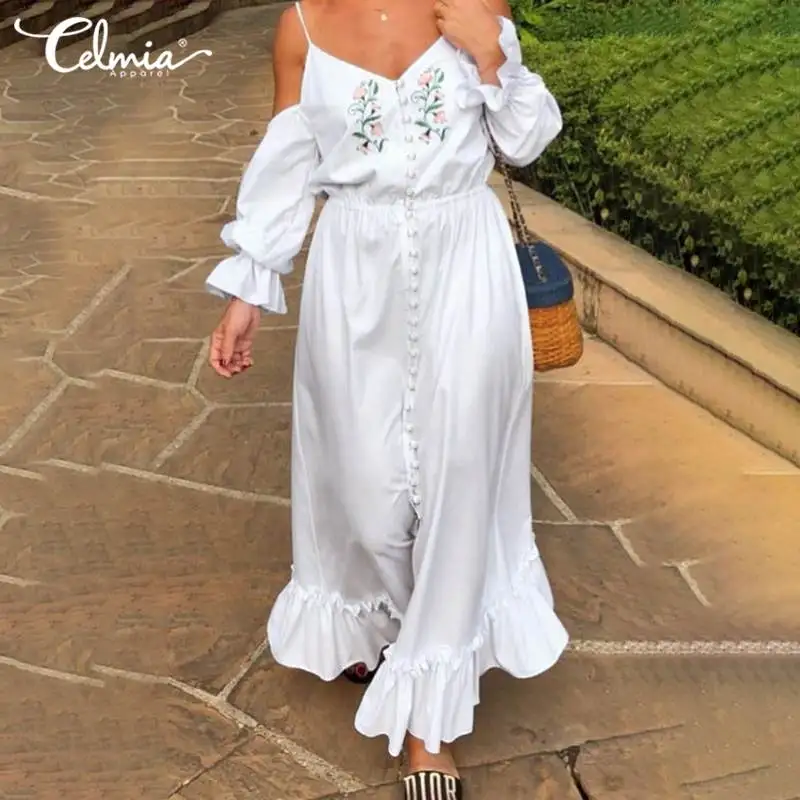 

Celmia богемное женское длинное платье 2022, летние модные свободные платья-Макси с принтом и оборками, сексуальный сарафан с открытыми плечами ...