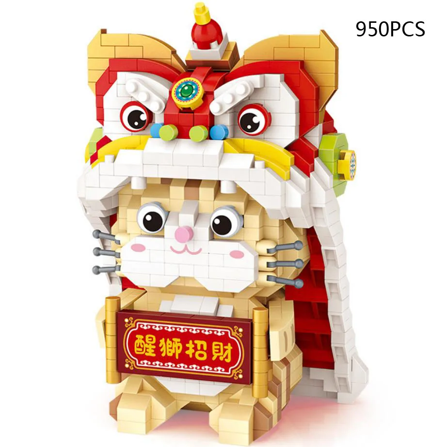

China new year Funny CARTOON cat micro diamond building block Lion dance nanobricks educational toys for children gifts