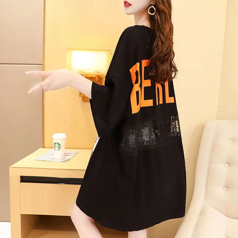 

Cotton large size 100.00kg long short sleeve T-shirt women's summer 2021 new Joker design shirt