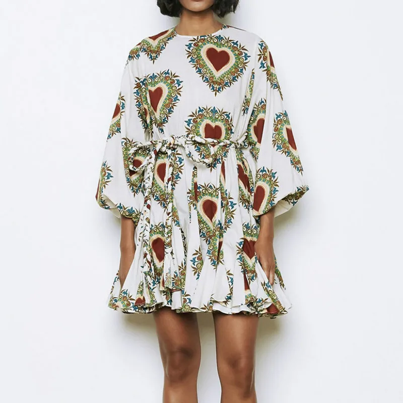 

Floral Print Mini Dress Women Spring Lantern Long Sleeve Casual O Neck A Line Sashes Vintage Female Party Dress Vestido De Mujer