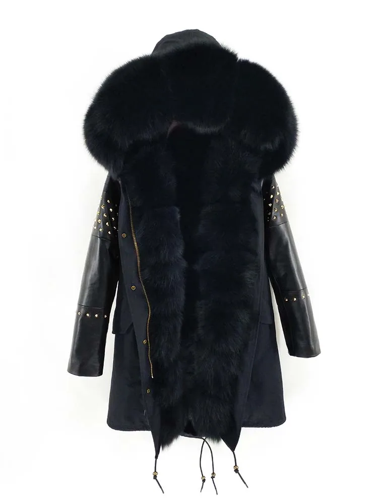 3 faux fur liner Женская длинная парка с воротником из натурального меха лисы, зимняя куртка с капюшоном, пальто с заклепками, Монгольская овечья кожаная верхняя одежда с рукавами, Detachabl - Цвет: 3 faux fur liner