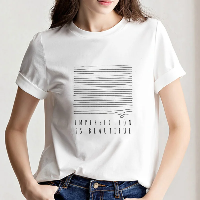 

Streetwear White T-shirt Black Stripes for Minimalists Imperfection is Beautiful Vintage Harajuku Short Sleeve Graphic Tee Tops
