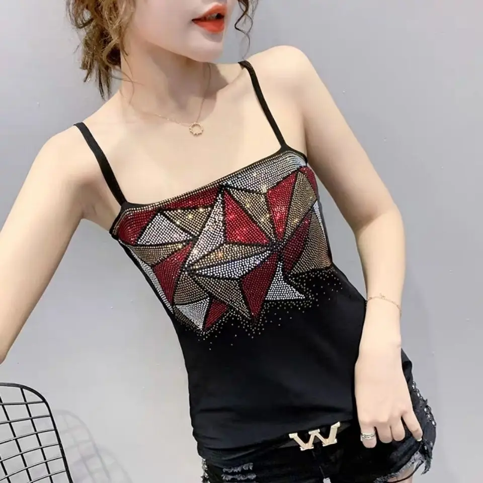 

Модная женская летняя сексуальная футболка Стразы 3D Блестящая футболка без рукавов