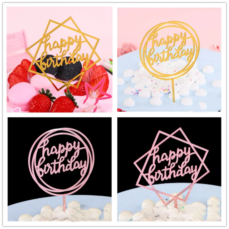 New Happy Birthday Cake Topper Acrylic Pink gold cupcake Toppers Kids First Name Wedding baking supplies | Дом и сад
