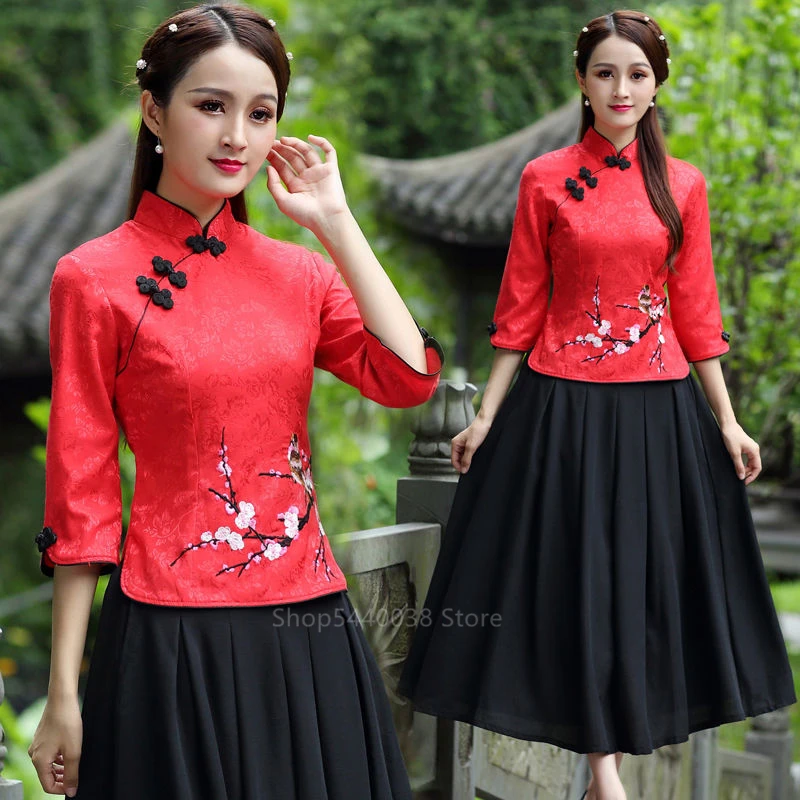 Новогодняя традиционная китайская одежда для женщин Qipao Топ Тан костюм вышивка Cheongsam блузка Винтаж классического размера плюс Топы