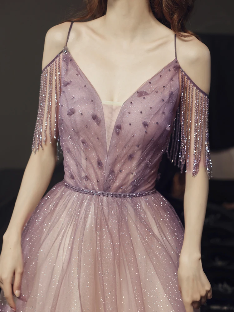 Роскошное вечернее платье с V-образным вырезом фиолетовое фэнтезийное бальное на