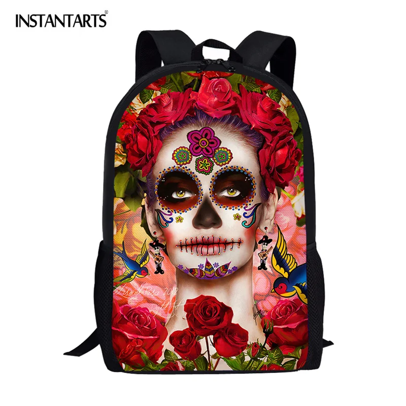 Женская школьная сумка INSTANTARTS, модный готический рюкзак для учеников с принтом черепа, легкий портфель для начальной школы