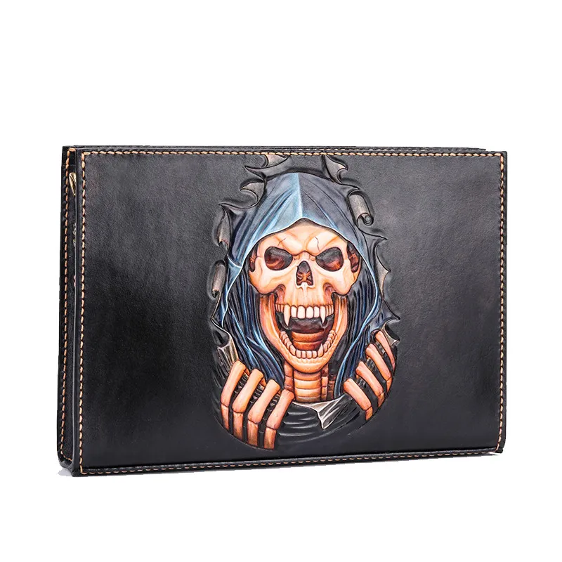 

Women Men Vegetable Tanned Leather Shoulder Bag Money Holder Cowhide Hand-carved Skull Clutch Purse Clutches Envelope