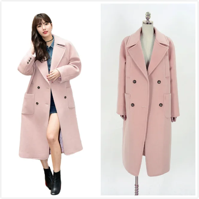 

Женский двубортный Тренч Kpop, Повседневная Свободная теплая длинная куртка розового цвета в Корейском стиле, модная ветровка, верхняя одежд...