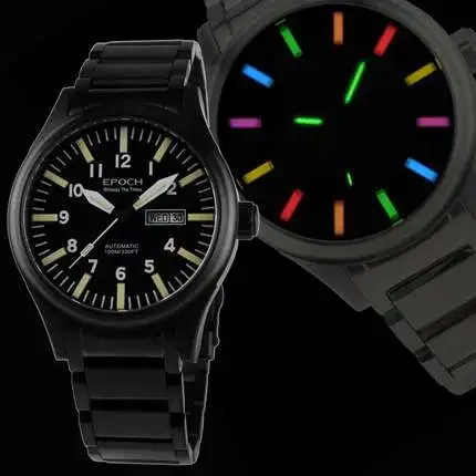 

EPOCH Men Automatic Watch Luxury Mens Tritium Watches T25 Luminous Mechanical Wristwatch 100M Waterproof Sapphire Crystal Black