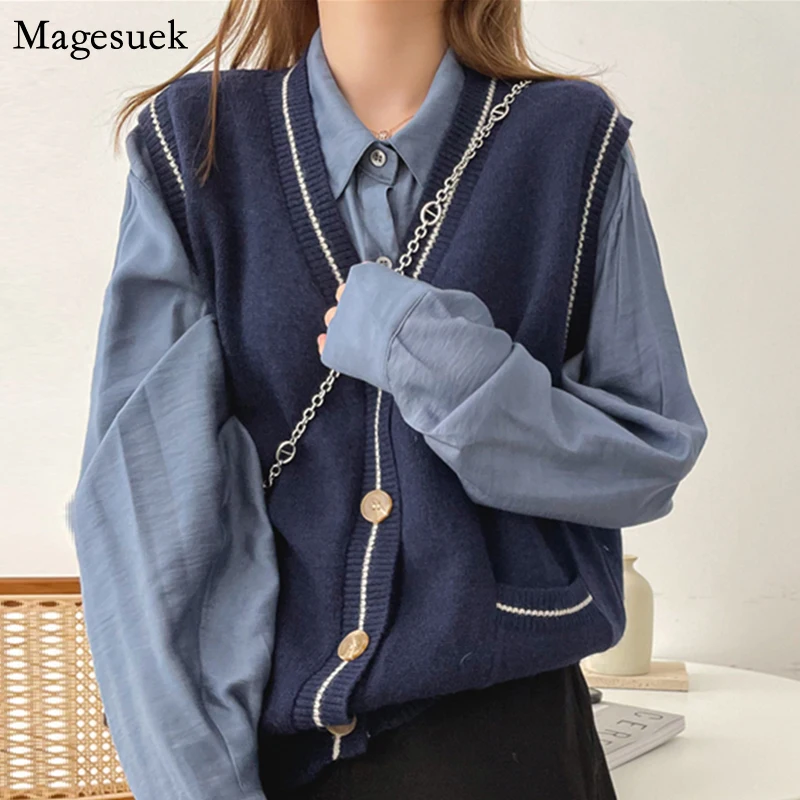 

Fashion Knitted Vest Sweaters Sleeveless Cardigan Sweater Loose Retro Single-breasted Wool Sweater Vest Autumn Winter New 17627