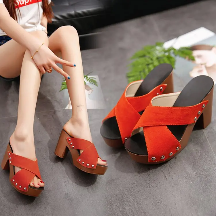 

Ladies shoes sandals sandals half slippers summer new high-heeled shoes women thick with European and American straight suede