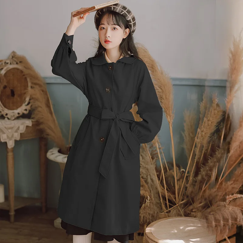 

Pure Color Simple Women's Windbreaker Straight Long-sleeved Doll Collar Mid-length Small British Style Jacket Temperament T28