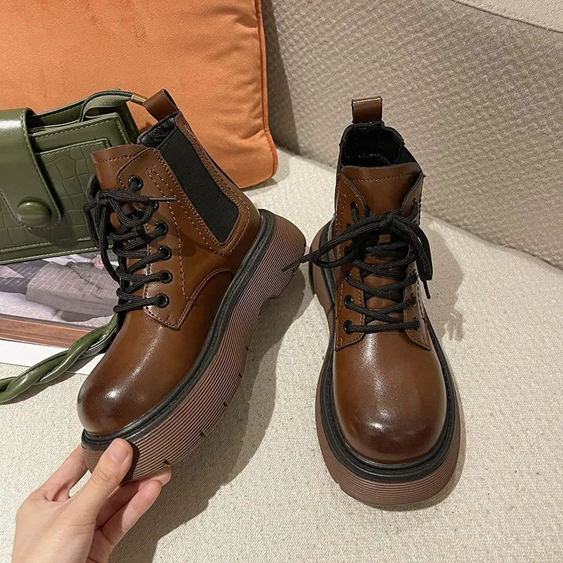 2021 autumn new retro British style fashion lace stretch boots women all-match thick-soled boots Zapatos De Mujer