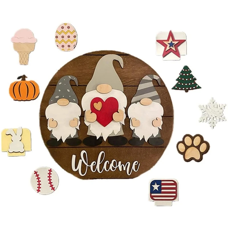 

Gnome Door Hanger Seasonal Welcome Sign with Interchangeable Holiday Pieces for Front Door Porch Hanging Handmade