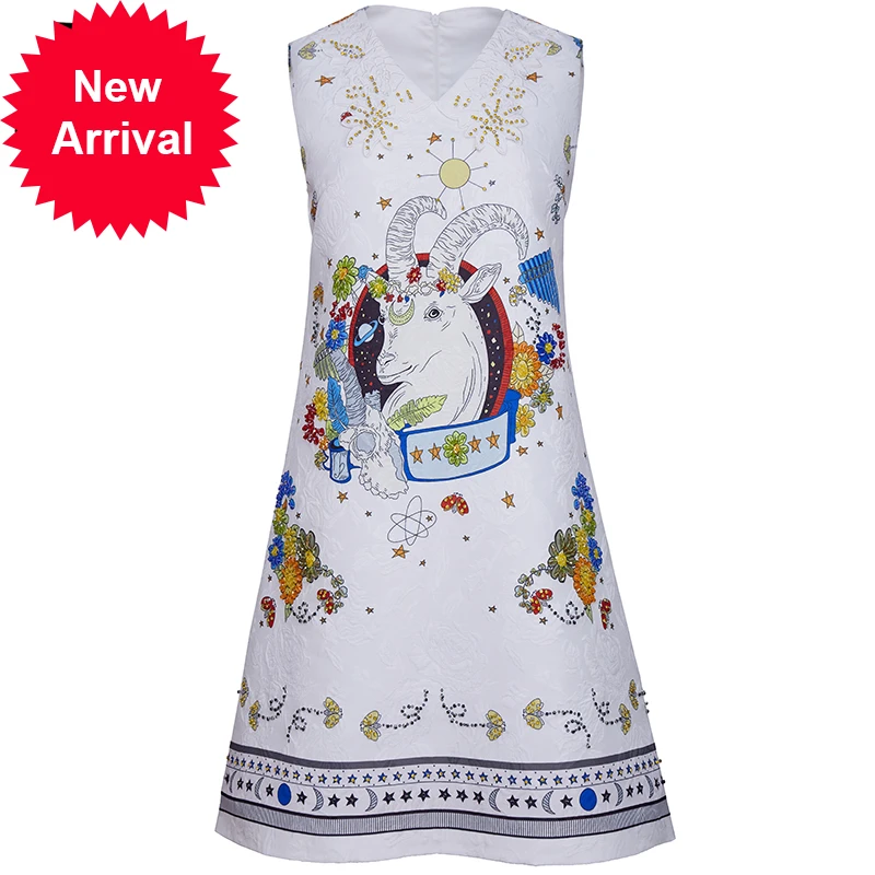 

New 2021 Summer Women Fashion DesignerA-Line Dress Crystal Beading Sleeveless Vintage Printed Slim Short Dresses