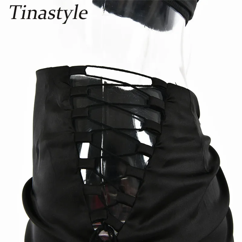 

Tinastyle Black Satin Two Piece Set Women Halter Sleeveless Crop Top And High Waist Hollow Out Mini Skirt Casual Party Dresses