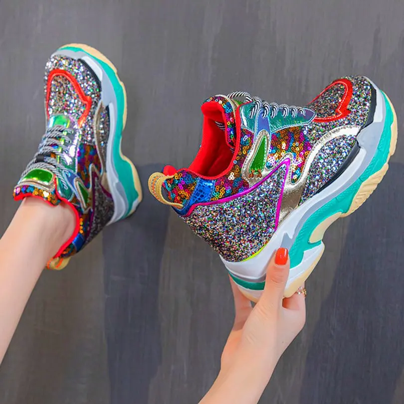 Casual Shoes Women Shiny Glitter Cow Leather Wedges High Heel Ankle Boots Female Round Toe Fashion Sneakers Platform Pumps Shoes