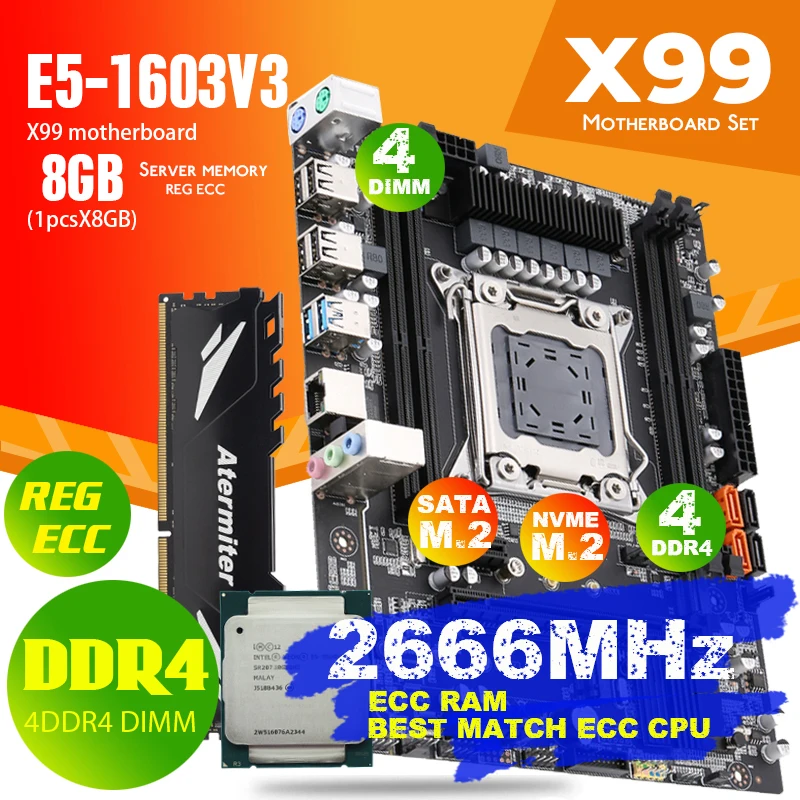Atermiter X99 D4 DDR4 набор материнских плат с Ксеон E5 1603 V3 LGA2011 3 Процессор 1 шт. X 8 ГБ = Гб 2400