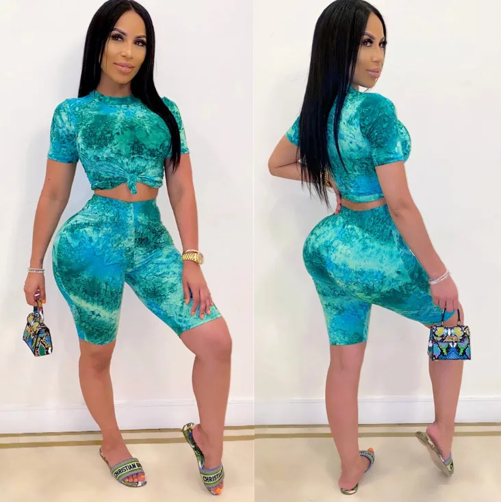 

2020 Casual Women's Summer Outfits 2-Piece Fashion Casual Tie-dye Printed Short Sleeve Top + Shorts Suit OuTdoor Gym Sports Suit