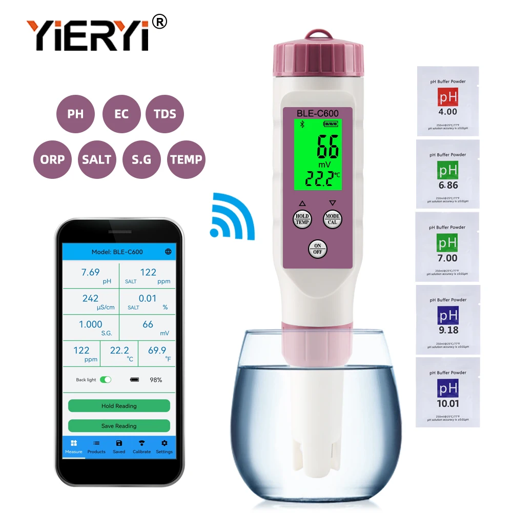 Yieryi BLE-C600 Blue Tooth-compatible Water Quality Pen 7 in 1 PH EC TDS ORP SALT S.G TEMP Meter APP Intelligent Control Tester