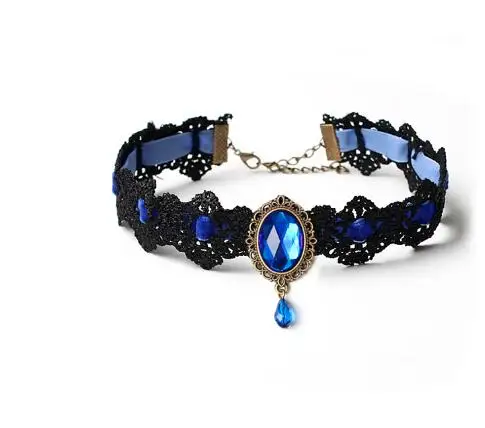 Шокер-ожерелье для женщин из сапфирового оникса "Геометрический капельный" классического винтажного готического стиля с кристаллами кружева черного, красного и синего цветов.