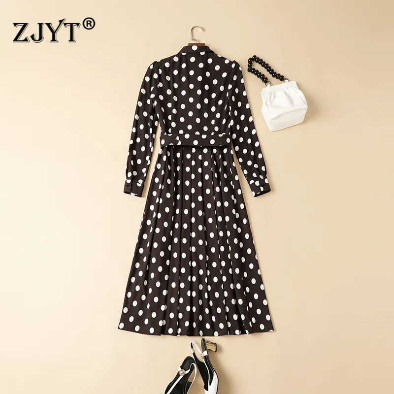 

2021 Fashion Spring Designer Women Long Sleeve Turn Down Collar Polka Dot Print Dress Runway Robe Vintage Midi Office Vestidos