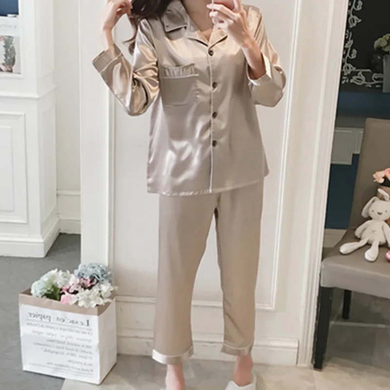 

Women Sleepwear Satin Pajamas Sets Long Sleeve Autumn Sleepwear Faux Silk Pajamas Suit Nightwear Loungewear Homewear
